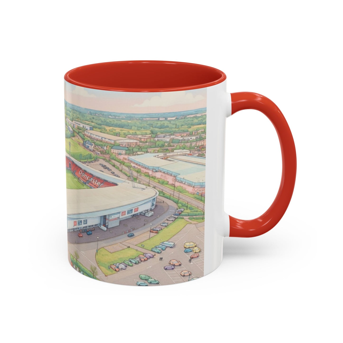 Doncaster Stadium Panorama Accent Coffee Mug – Scenic Football Ground Illustration (11oz)