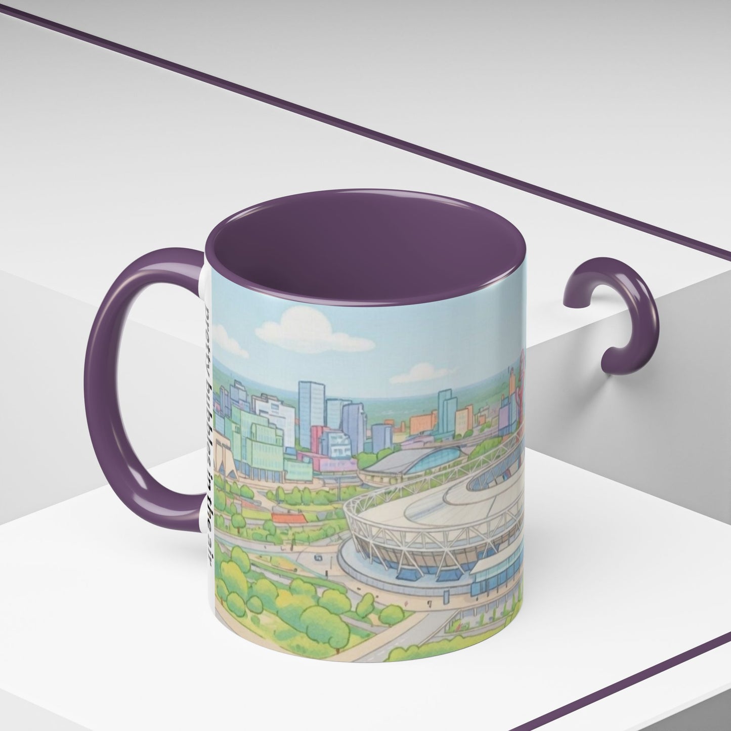 Coffee Mug — Illustrated Stadium Cityscape with "I'm forever blowing bubbles"