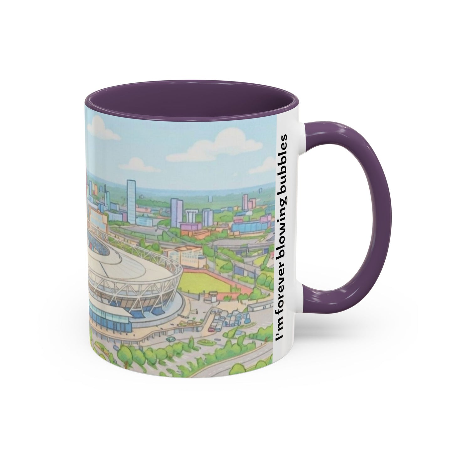 Coffee Mug — Illustrated Stadium Cityscape with "I'm forever blowing bubbles"
