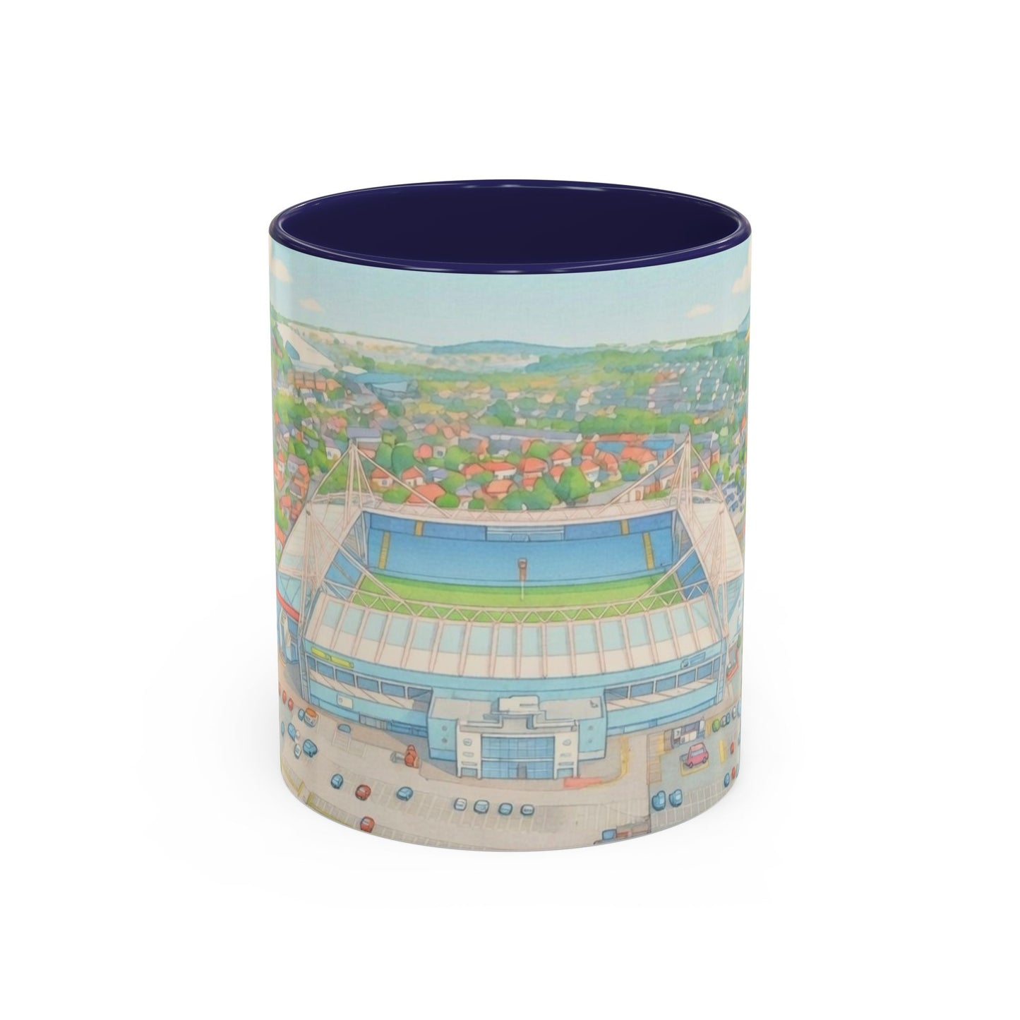 Deepdale Stadium Panorama Accent Coffee Mug — Scenic Football Ground Illustration (11oz)