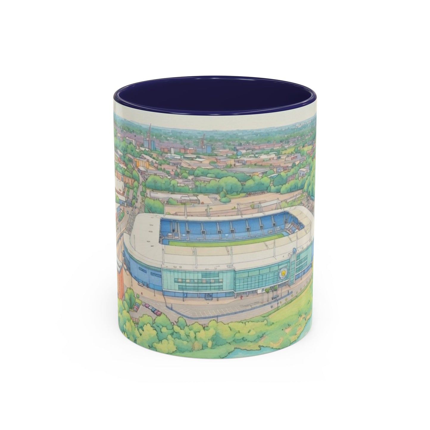 Leicester Stadium Aerial Art Coffee Mug — Illustrated Football Ground Landscape (11oz)