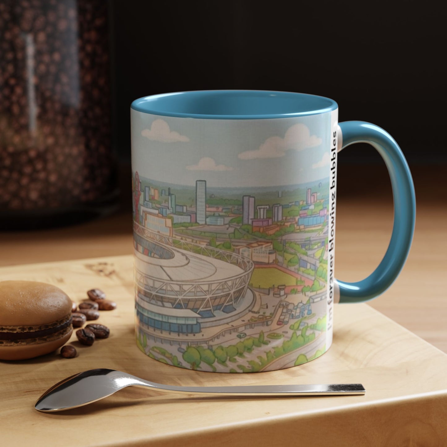 Coffee Mug — Illustrated Stadium Cityscape with "I'm forever blowing bubbles"