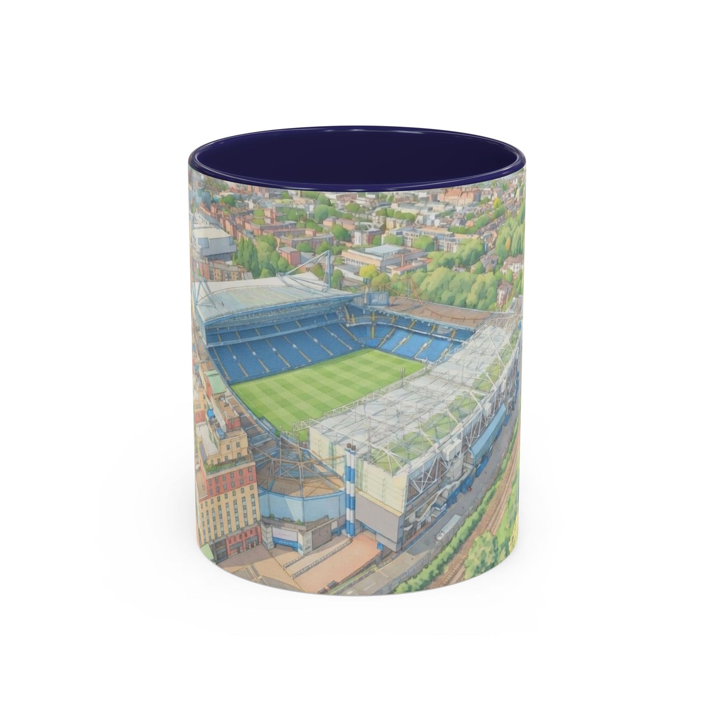 Stamford Bridge Aerial Accent Coffee Mug — Illustrated Soccer Stadium Scene (11oz)