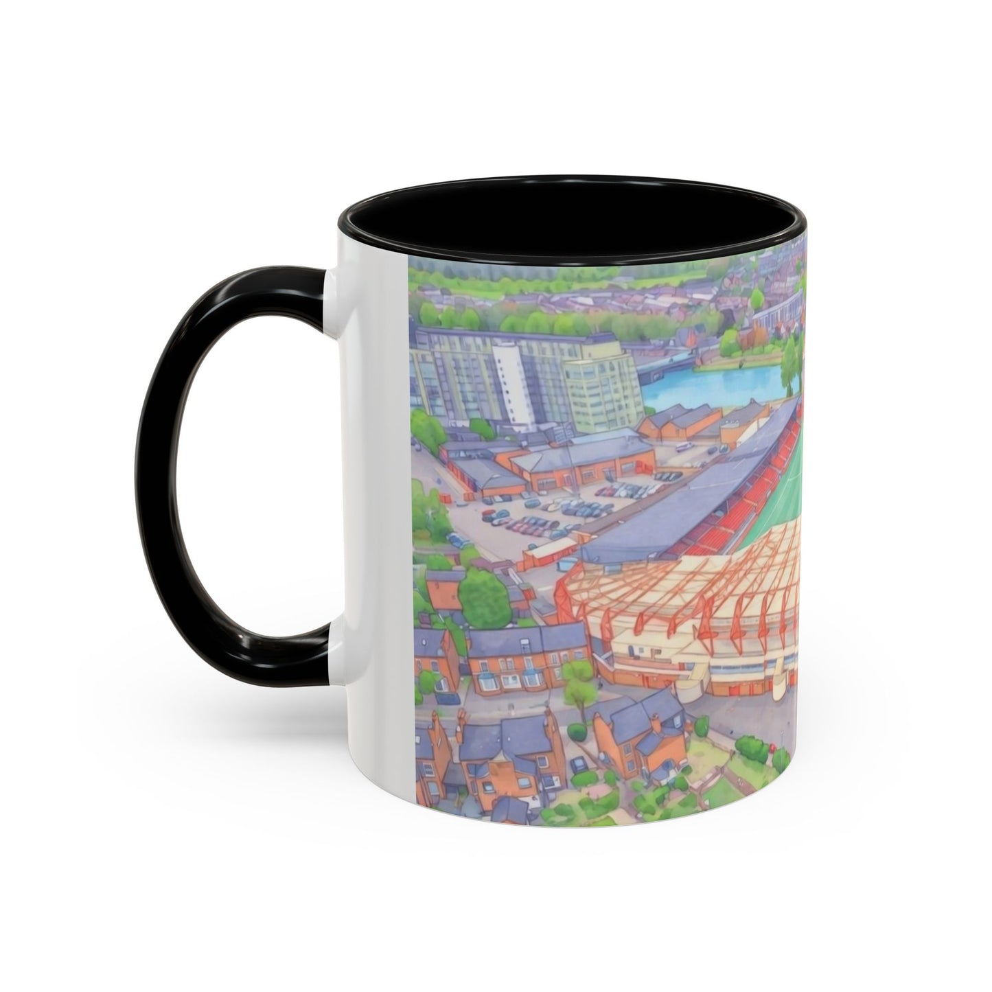 Forest Aerial Accent Coffee Mug — Illustrated Football Arena Scene (11oz)