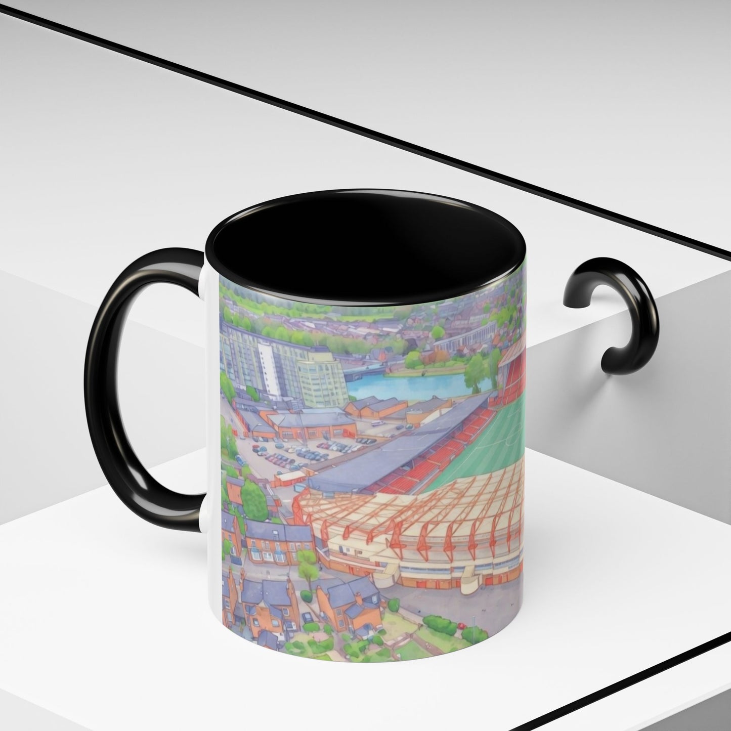 Forest Aerial Accent Coffee Mug — Illustrated Football Arena Scene (11oz)