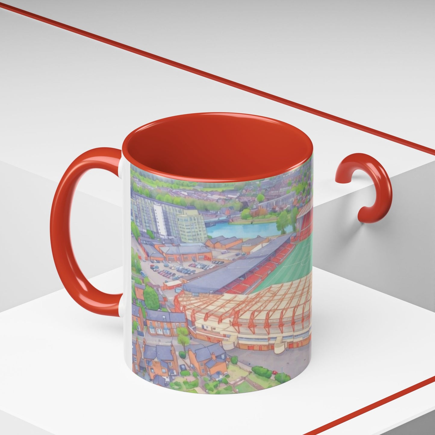 Forest Aerial Accent Coffee Mug — Illustrated Football Arena Scene (11oz)