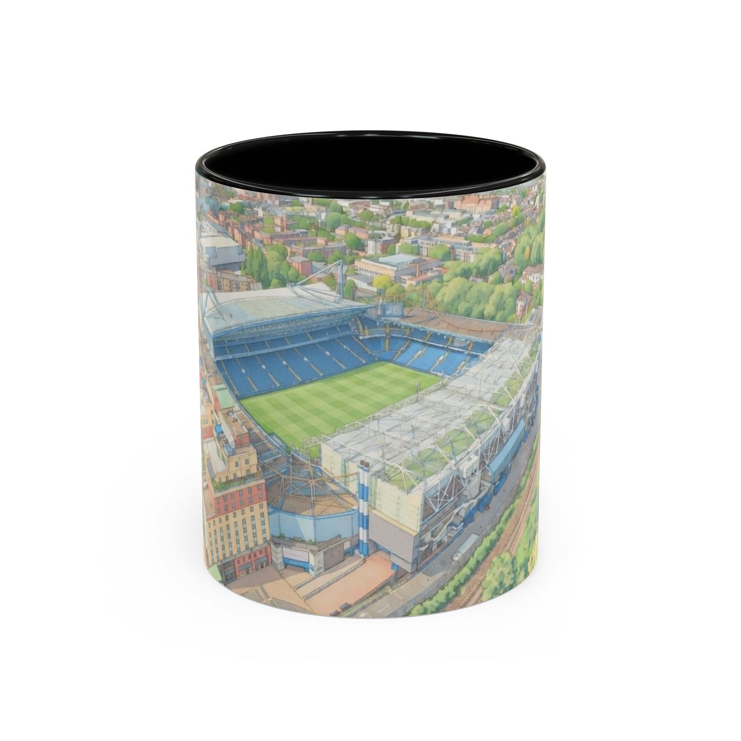 Stamford Bridge Aerial Accent Coffee Mug — Illustrated Soccer Stadium Scene (11oz)