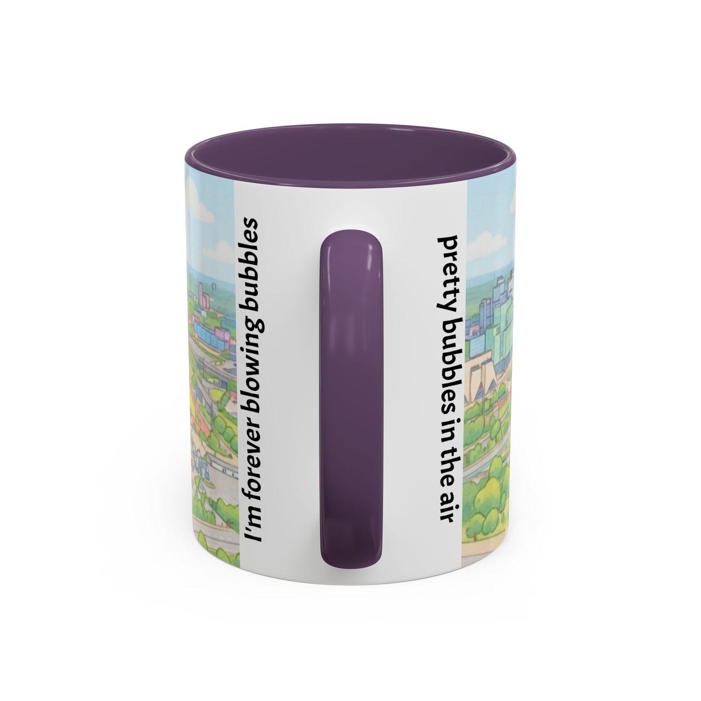 Coffee Mug — Illustrated Stadium Cityscape with "I'm forever blowing bubbles"