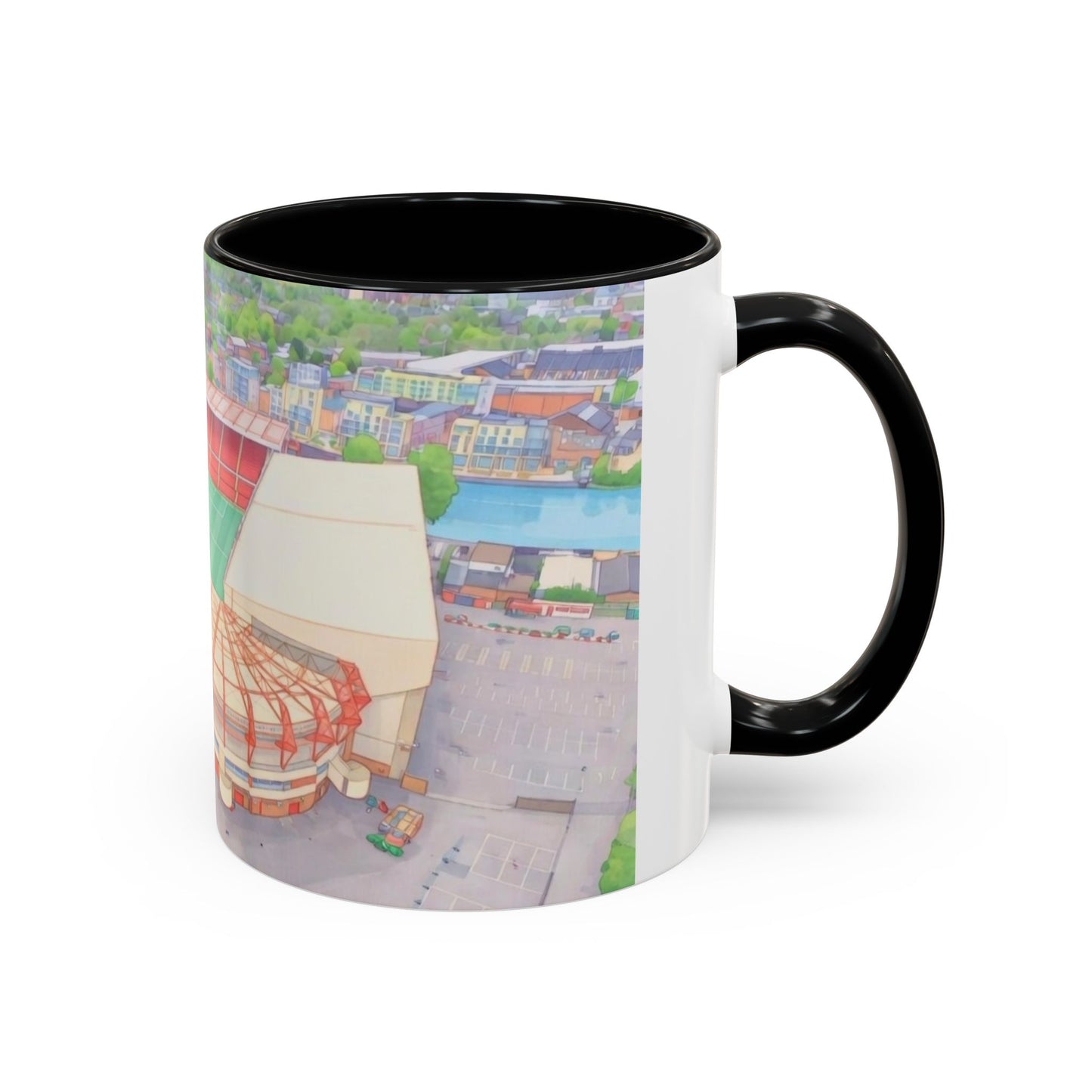 Forest Aerial Accent Coffee Mug — Illustrated Football Arena Scene (11oz)