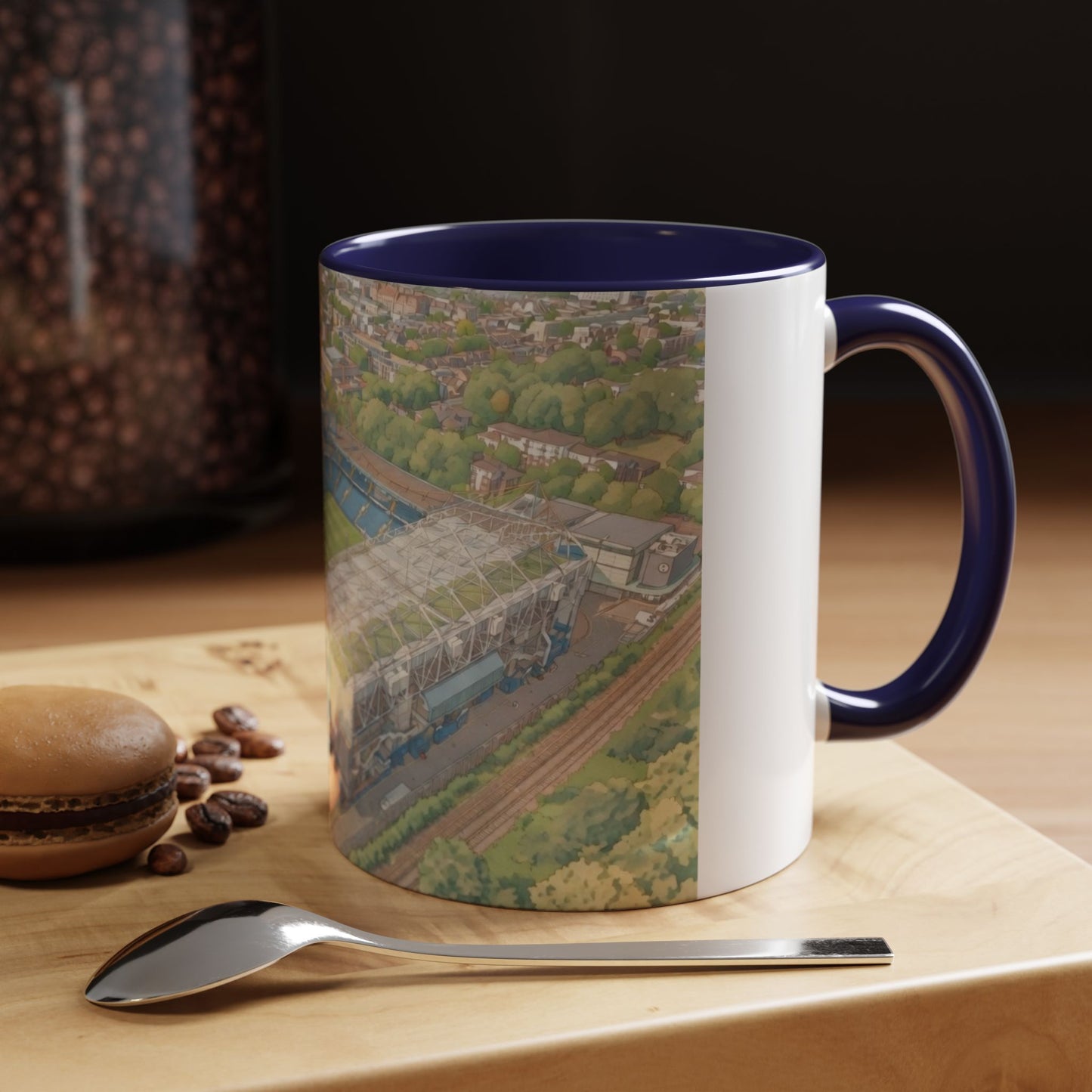 Stamford Bridge Aerial Accent Coffee Mug — Illustrated Soccer Stadium Scene (11oz)