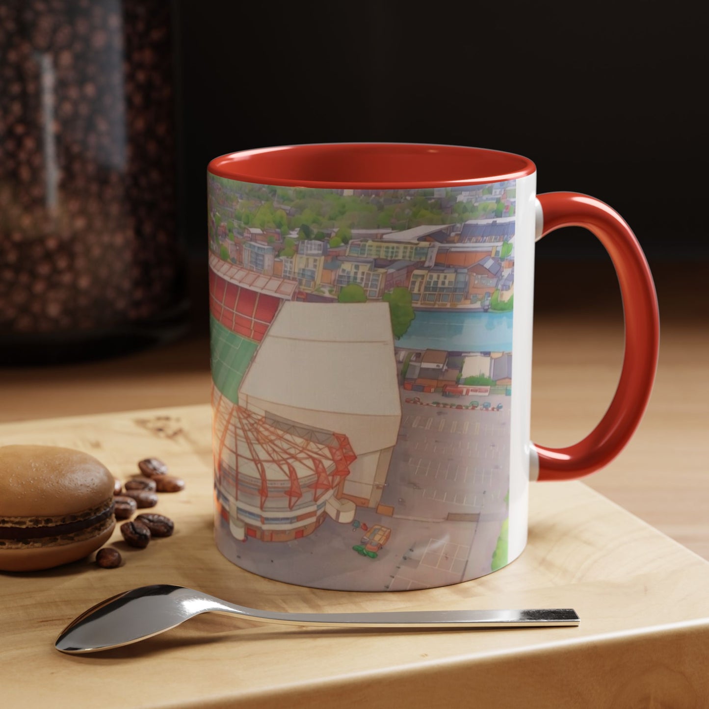 Forest Aerial Accent Coffee Mug — Illustrated Football Arena Scene (11oz)